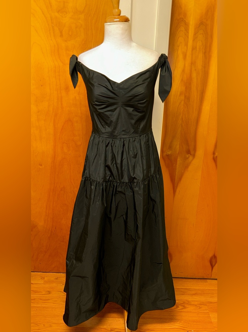 Tanya Taylor black taffeta off the shoulder bows straps midi dress size 6 NWT